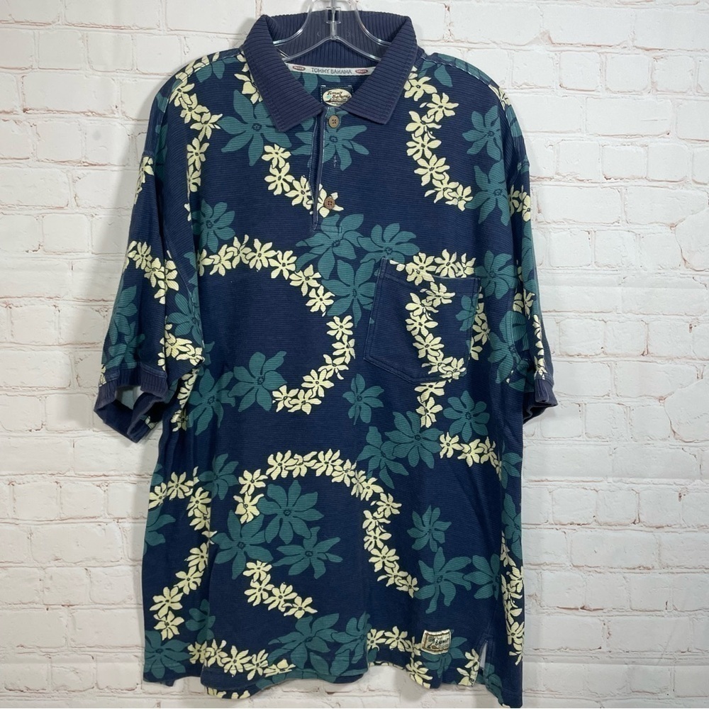 Vintage Tommy Bahama Men's Hawaiian Shirt Floral Heather Polo Size Large Blue